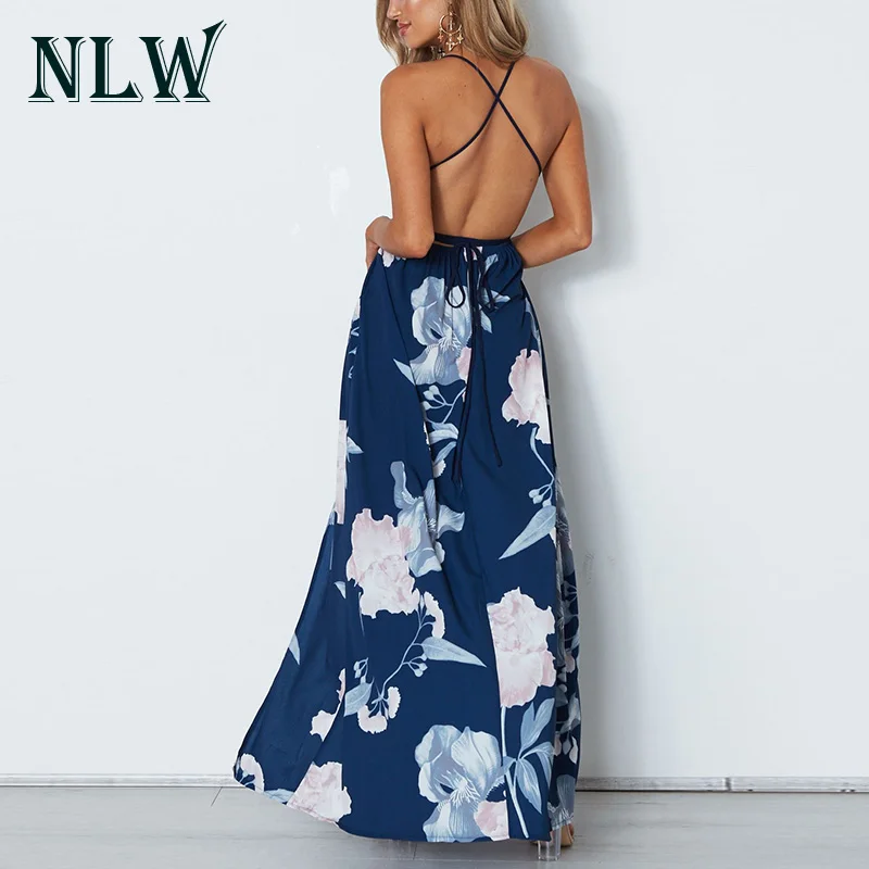 NLW цветочный принт Boho женские платья 2019 летние пляжные вечерние с v-образным