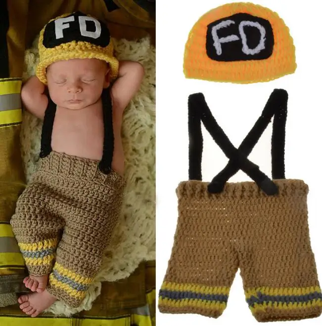 Firemen Yellow Шапка-скафандр для фотосъемки новорожденных мальчиков и девочек, вязаная крючком одежда, боксер, боксерские перчатки+ штаны, комплект для малышей - Цвет: Firemen Yellow