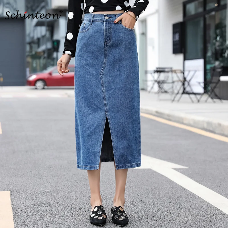 

Size S-9XL New Schinteon Women Denim Skirt Spring A-Line Autumn Jeans Front Split Long Loose Casual Skirt Elastic Waist