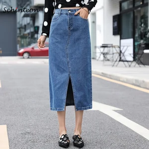 Юбка джинсовая женская, с разрезом спереди, с эластичной резинкой на талии, весна-осень, S-9XL