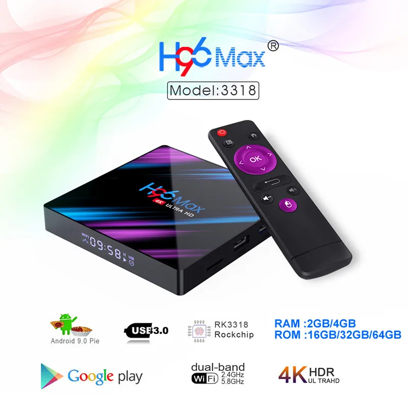 H96 MAX 3318 Android 9,0 Smart tv Box Rockchip RK3318 4 Гб ОЗУ 64 Гб ПЗУ BT4.0 USB3.0 2,4G 5G двойной wifi 3D 4K HDR медиаплеер
