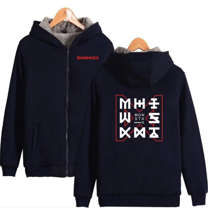 

KPOP Monsta x Women Hoodies Sweateshirt Winter Warm Thick Plus Velvet Zipper Hooded Jackets Casual Hoody Outwears Couple Clothes