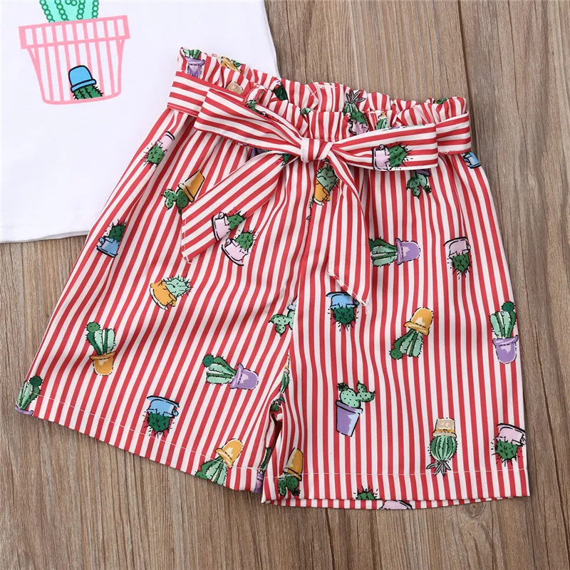 Одежда для маленьких девочек кружевные рукава топы с рисунком кактуса полосатые