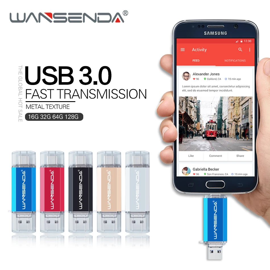 WANSENDA 3-в-1 Тип type-C USB 3 0 OTG флеш-накопитель 128 Гб 64 ГБ 32 оперативной памяти 16