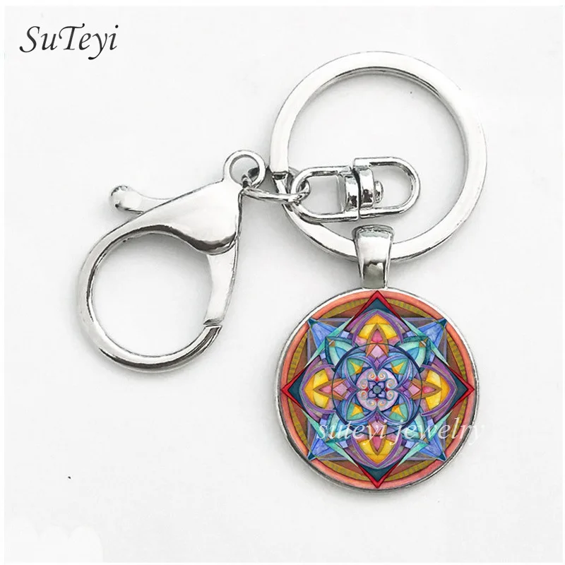 SUTEYI Fashion Mandala Pattern Keychain Buddhism Zen Key Chain Glass Dome Ring Bag Accessories Jewelry Gift | Украшения и