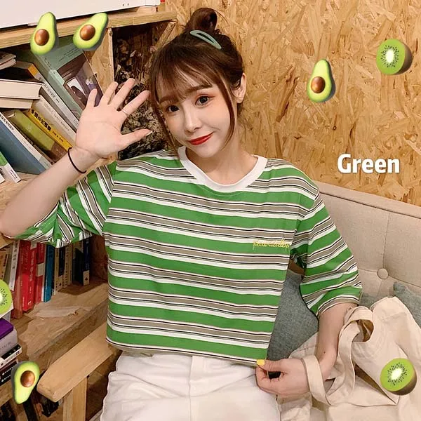 Летние женские повседневные свободные полосатые футболки с принтом Ulzzang Harajuku, удобные студенческие футболки с коротким рукавом Для Подружек - Цвет: ShanH 9853 lv