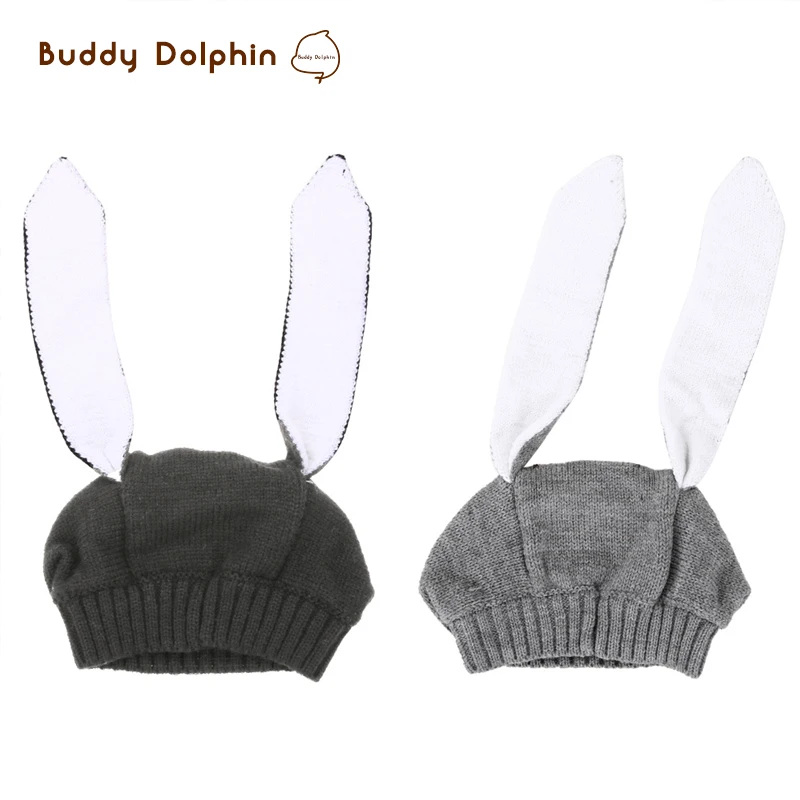New Cotton Baby Cute Rabbit Ear Knitted Crochet Hats Toddler Winter Warm Beanie Caps Boy Girls Solid Color Hat For 0-3Y Old . | Детская