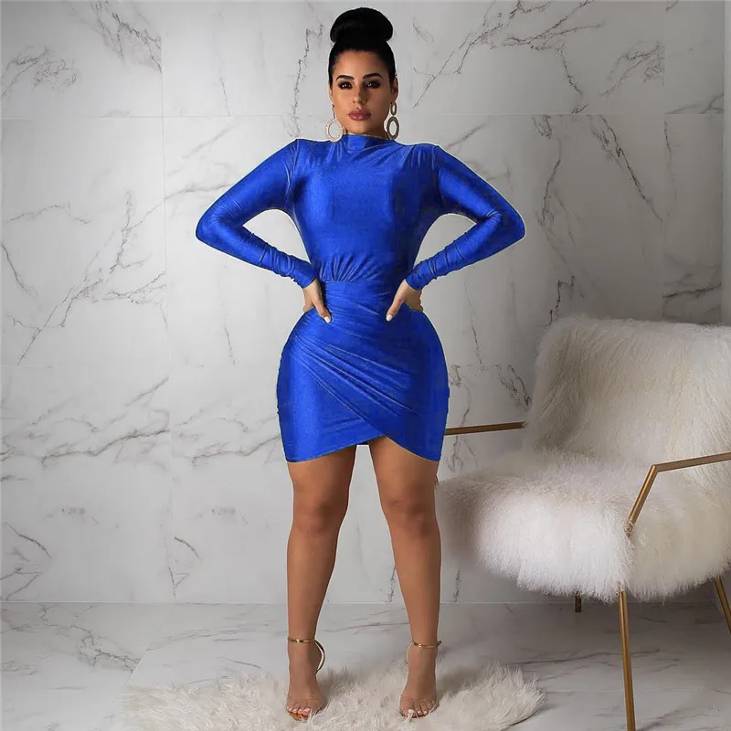 Синий ANJAMANOR Green Long Sleeve Bandage Dress Elegant Sexy Ruched Mini Bodycon Dresses Woman Party Night Clubwear D35-AB64 - Цвет: Синий