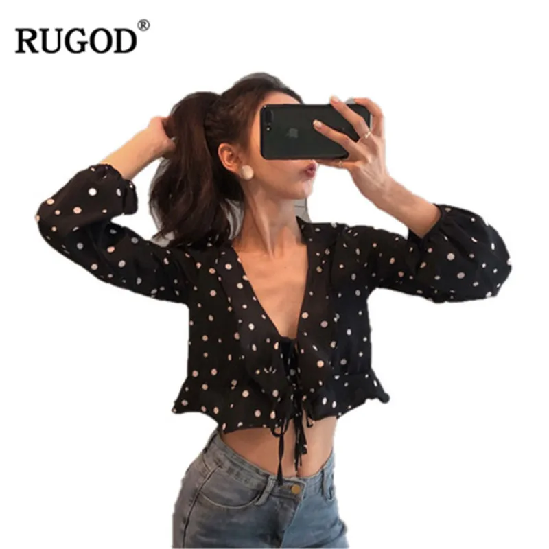 RUGOD 2019 женская блузка с длинным рукавом и воротником рюшами черная красная в
