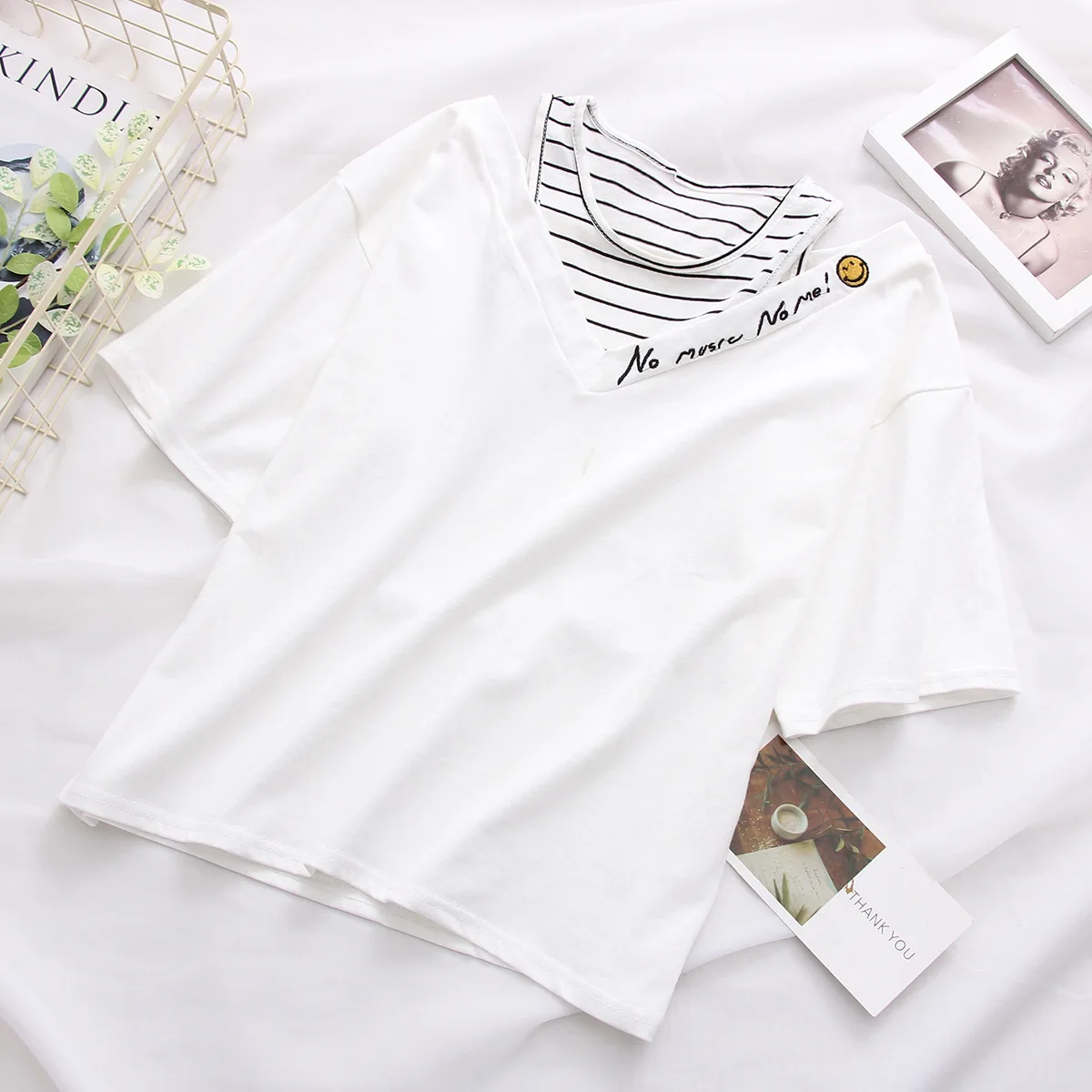 Женские топы 2019 летняя футболка с коротким рукавом имитация двух частей