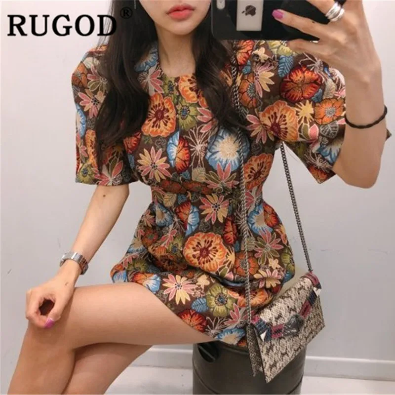 Женское платье с круглым вырезом RUGOD Осеннее приталенное цветочным принтом