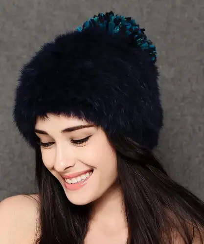 Dark Blue FS Модные женские вязаные шапки с кроличьим мехом для дам, зимняя теплая шерстяная шапка винно-красного и синего цвета с помпонами, вязаная шапка, Casquette Femme - Цвет: Dark Blue