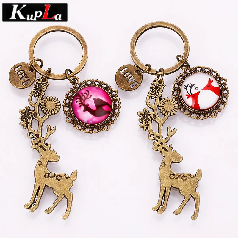 Винтажные бронзовые брелки для ключей с рисунком рождественского оленя круглые