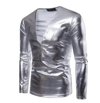 

fashion slim shirt men Punk Rock Metal color Glossy Deep V collar shirt teenage Long sleeve bronzing shirts mens shirt gold