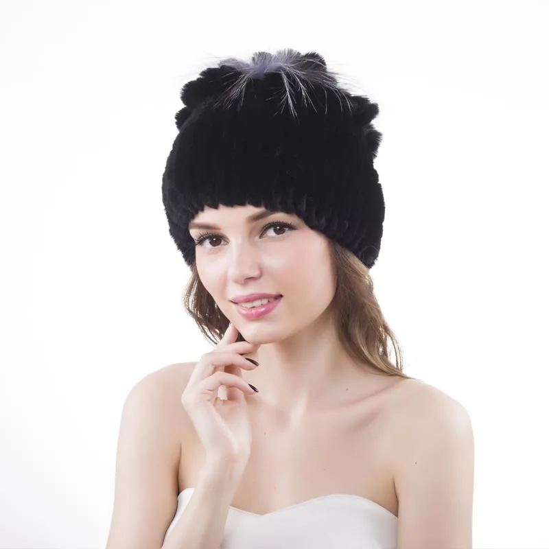 Настоящий мех кролика, шапки с кроличьим мехом, Вязаный топ с цветами, женские зимние вязаные шапки из меха кролика Рекс, шапки - Цвет: Black