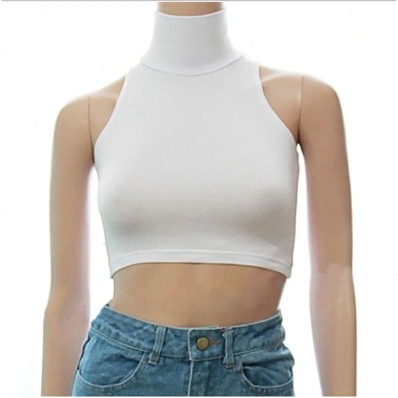 

High Collar Turtle Neck Lycra Cotton Crop Top Women White Shirt Sleeveless Sexy Tops Tank Bustier Top Camisole Vest Streetwear