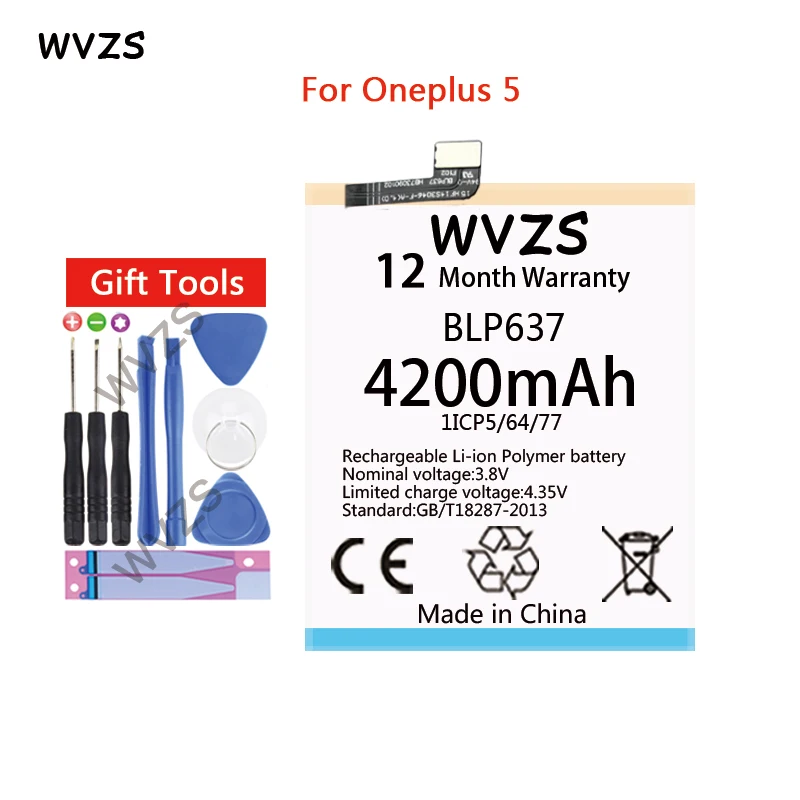 Wvzs 4200 мАч литий полимерный аккумулятор BLP637 для One Plus 5 Oneplus пять сменных