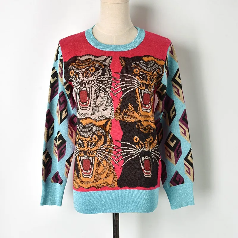 Fashion Women Sweater Tiger Head Cube Pattern Jacquard Knitted Pullovers Long Sleeve Winter Cool Runway | Женская одежда