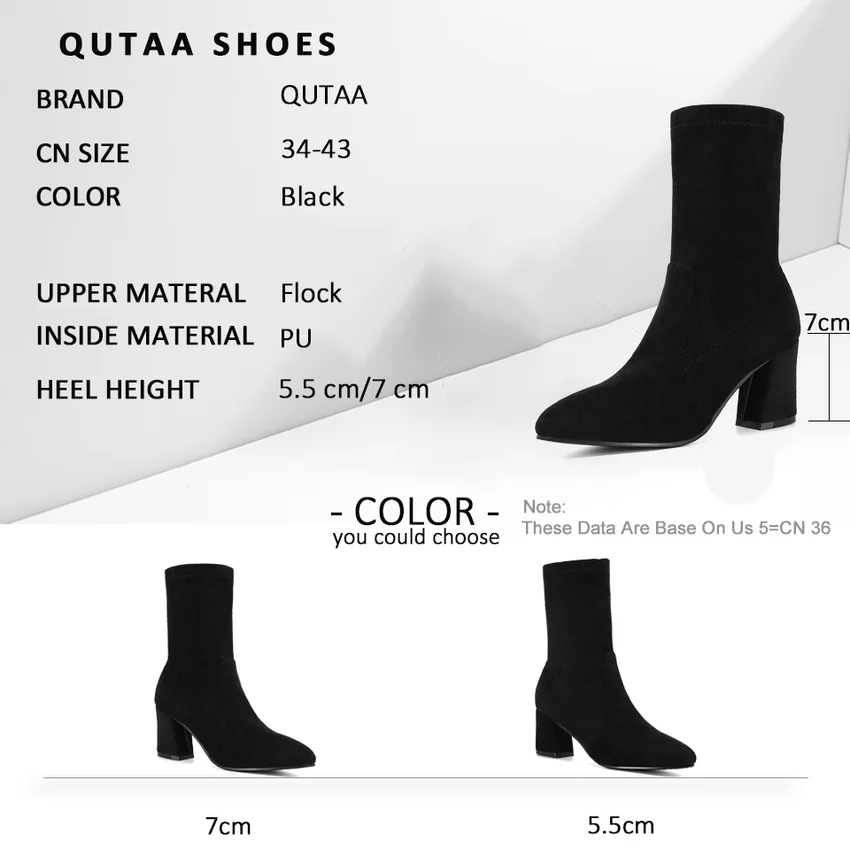 QUTAA/ г.; женская обувь из флока без застежки в сдержанном стиле; сезон осень-зима модные черные эластичные полусапожки на высоком квадратном каблуке размеры 34-43