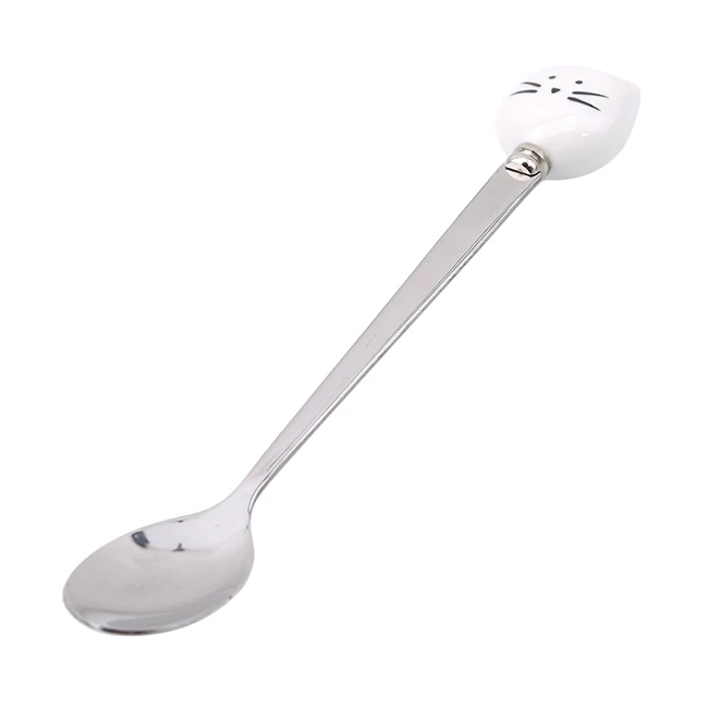 white cat spoon С милым рисунком кота вилка Нержавеющая сталь с длинным перемешиванием ложка, вилка для фруктов Кофе Нержавеющая сталь ложка Керамика ручка вечерние поставки - Цвет: white cat spoon