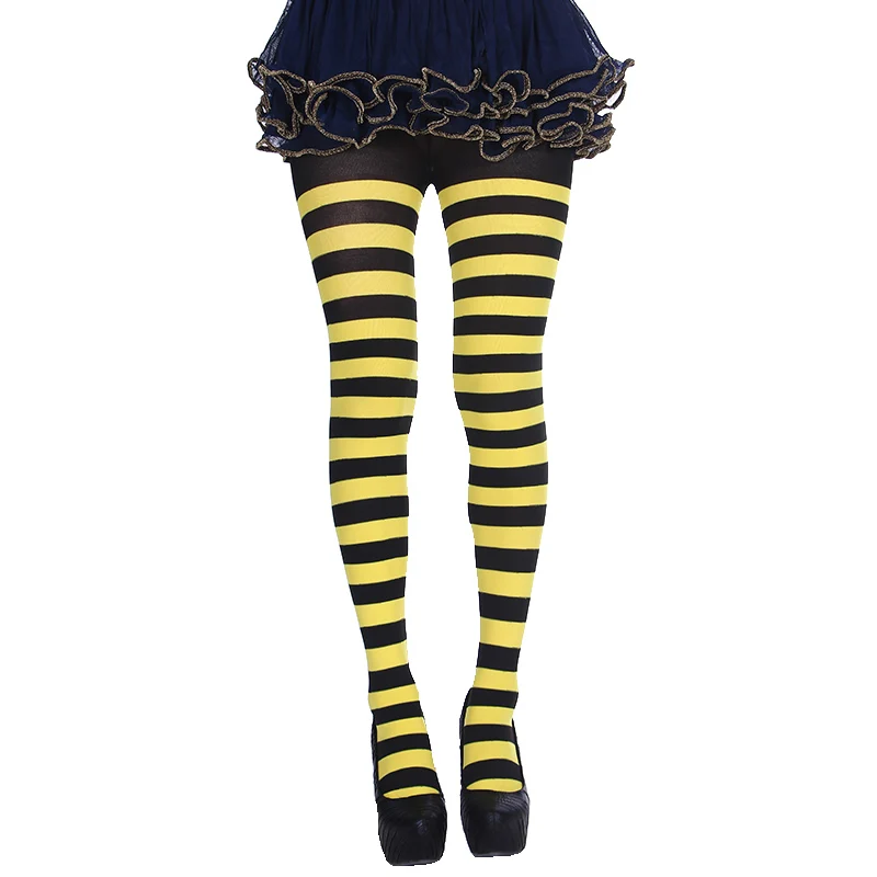 Yellow black Женские всесезонные модели, Длинные чулки, женские полосатые колготки на Хэллоуин, модные сексуальные блестящие колготки для вечеринки, medias - Цвет: Yellow black