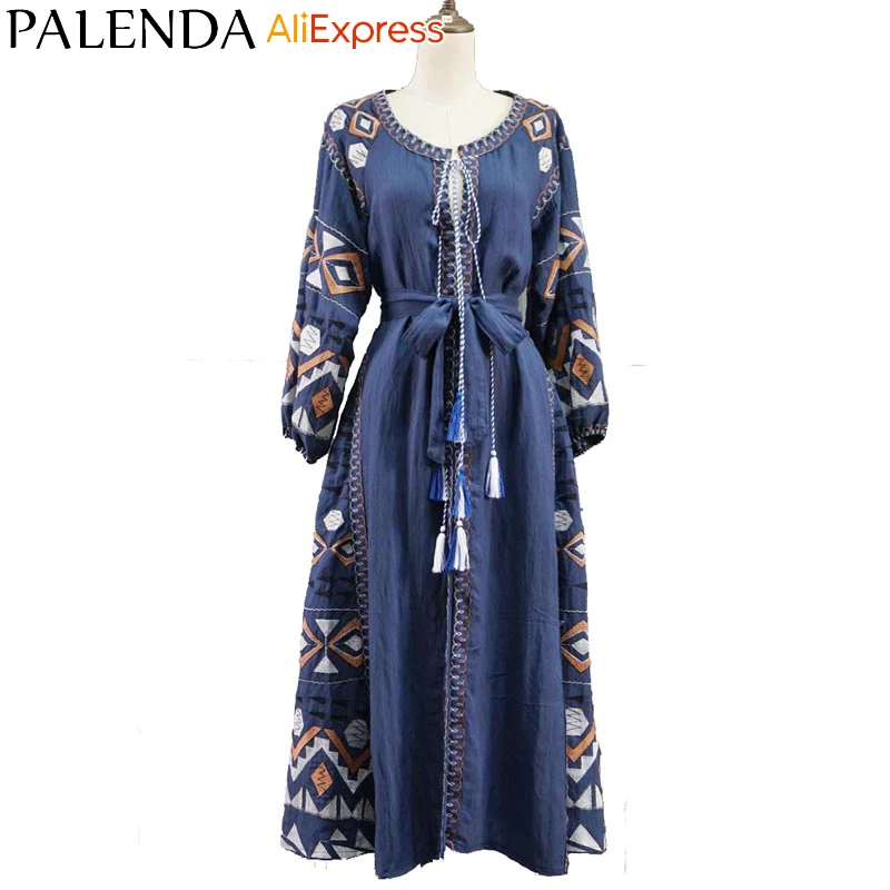 Новое богемное платье кафтан с вышивкой женское Хлопковое ручной работы пояс