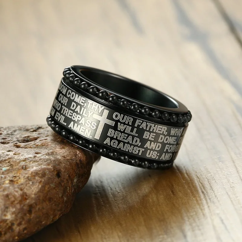 

Recommend Top Quality Simple Stainless Steel Black Color Men Cross Ring Jewelry 11mm Ring Man Wholesale Spinner Religion Ring