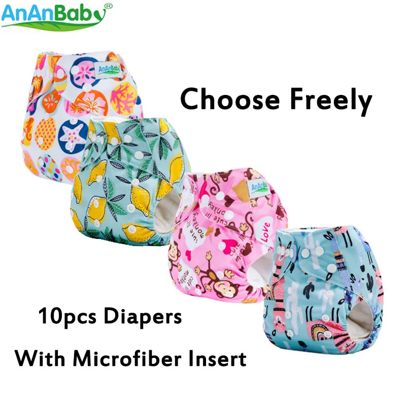 AnAnBaby 10pcs Per Lot Carton Prints Baby Cloth Diaper Reusable Washable Diaper Nappies With Microfiber Inserts