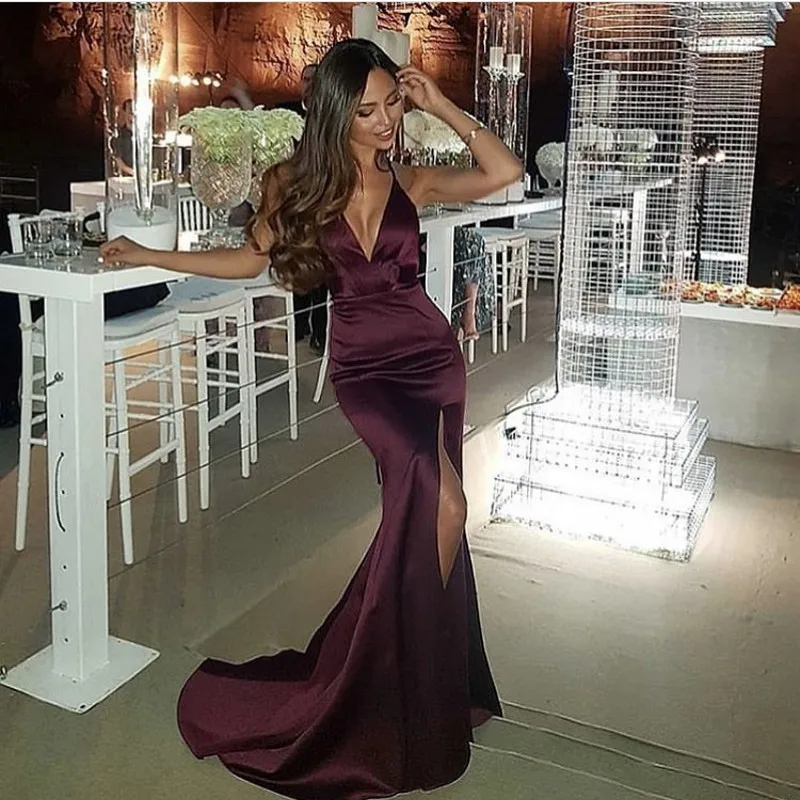 

Cinderella Brgundy Spaghetti Straps Backless V-Neck Mermaid Silk Satin Prom Dresses Open Back Court Train Party Gown For Prom
