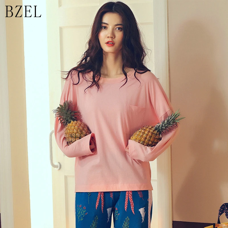 BZEL/Женская Хлопковая пижама пижамный комплект с длинными рукавами Пижамный