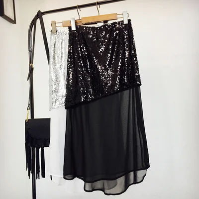 irregular sequins skirt women chiffon pathwork European new ladies personality stitching high waist skirts | Женская одежда