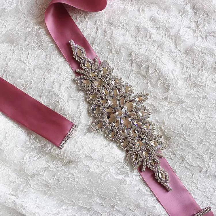 Розовый Handmade Bridal Sash Wide Belts Crystal Bridal Belt Ribbon Rhinestone Czech Stone Jewelry Dress Waistband Wedding Accessories - Цвет: Розовый