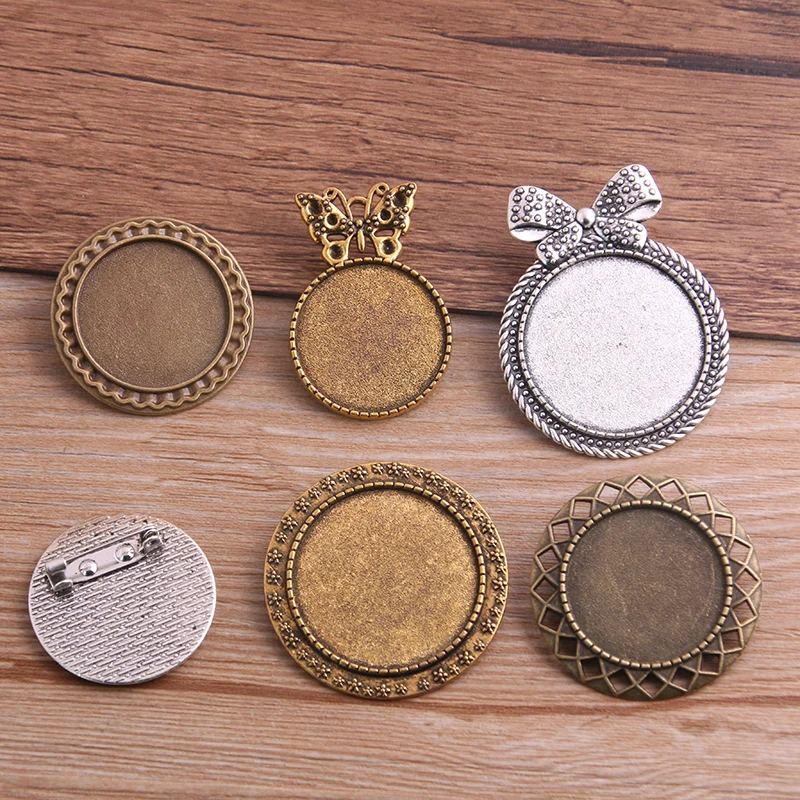 

4pcs 20-35mm Inner Size Antique Silver color/Gold/Bronze Brooch 6 Style Cabochon Base Setting Charms Pendant