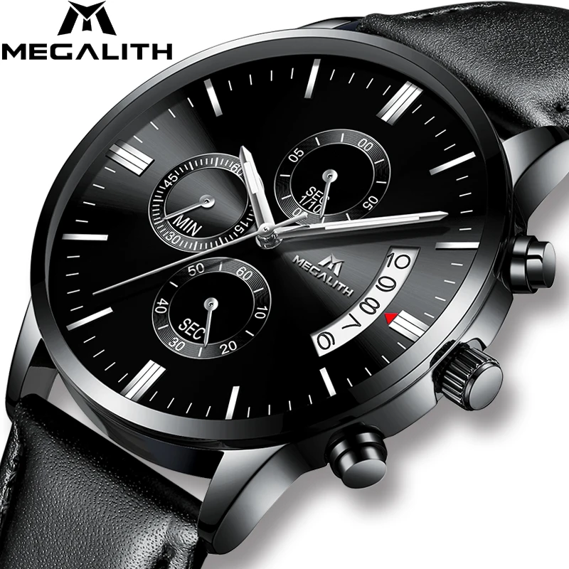 Мужские кварцевые наручные часы MEGALITH черные с хронографом простой дизайн 2019 |