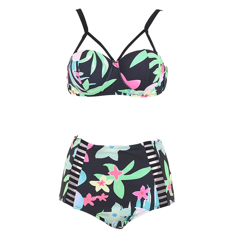 Женский купальник с цветочным принтом бикини высокой талией большие размеры 3XL