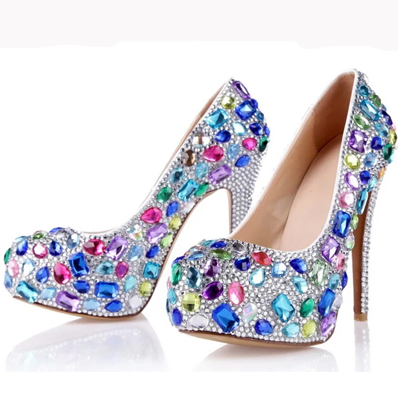 Синие розовые желтые туфли шикарные свадебные невесты на платформе с круглым