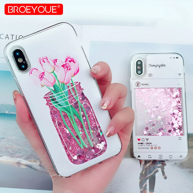 Цветочный узор чехол для iPhone XR XS Max 7 8 6 S плюс 5 5S SE X сыпучий песок с блестками Liquid