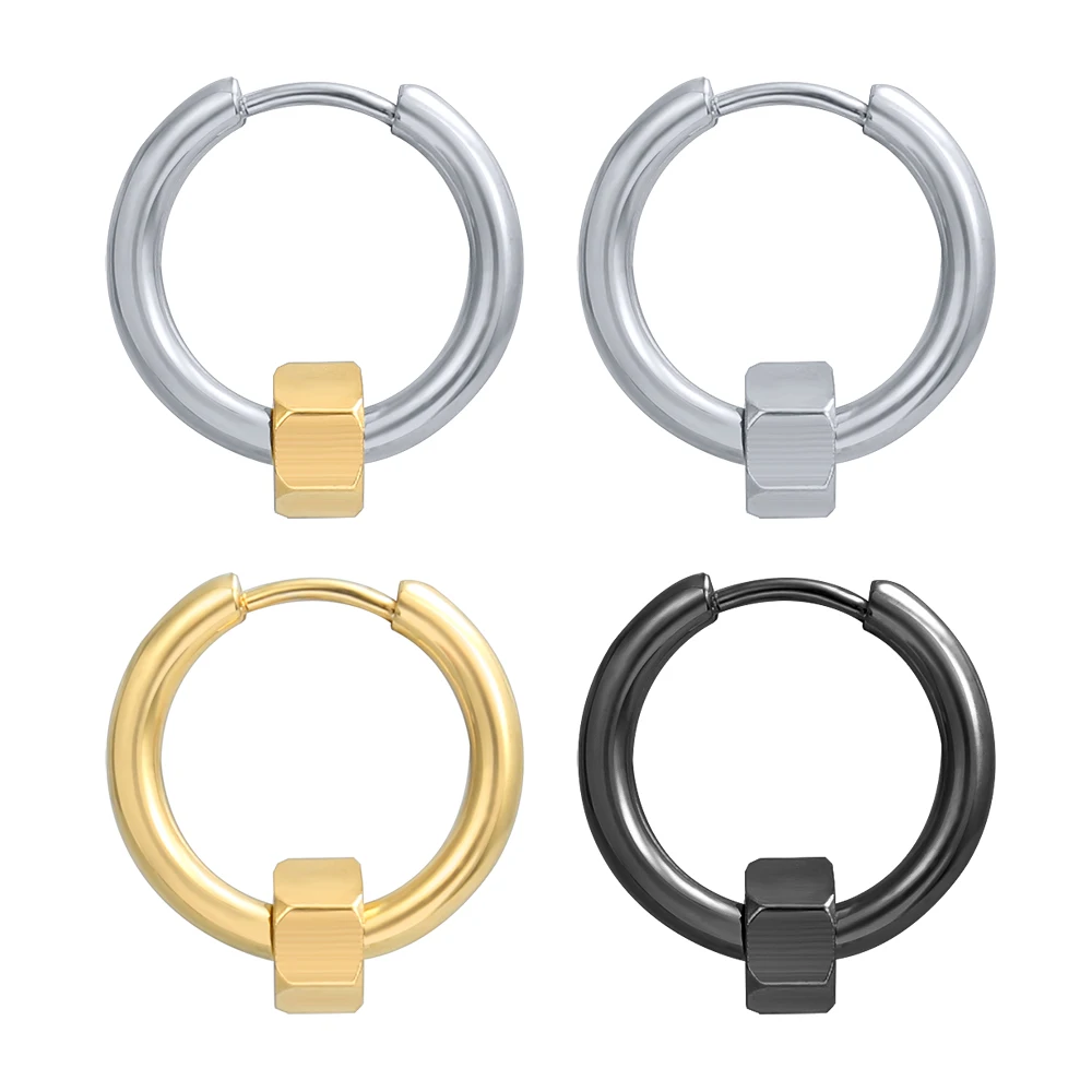 

ZS Nut Shape Punk Hoop Earrings Stainless Steel Hip Hop Circle Earring Male Biker Jewelry Small Round Earring for Men Women
