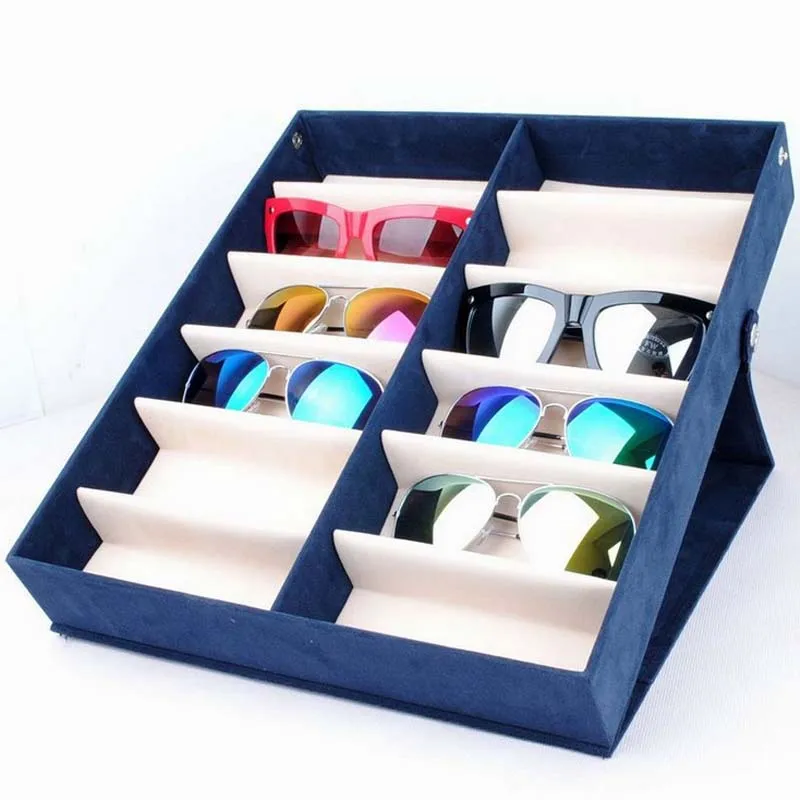Goede 2017 Mordoa Nieuwe Stijl Flock Sunglass Organizer Voor 12 Paar Zonnebrillen Display Blauw/Rode Kleur Box/Plank/Rack Gratis Verzending