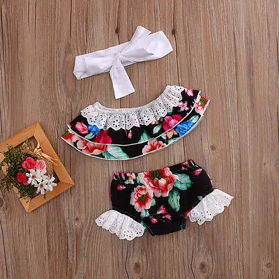 2017 стильное Боди без рукавов для маленьких девочек шорты повязка на голову наряд