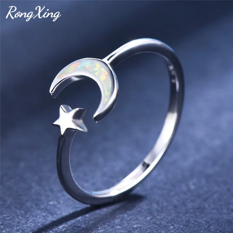 RongXing, 925 пробы, серебряное кольцо со звездами, луной, Синий/Белый огненный опал, камень, регулируемые кольца для женщин, помолвка, минималистичное ювелирное изделие