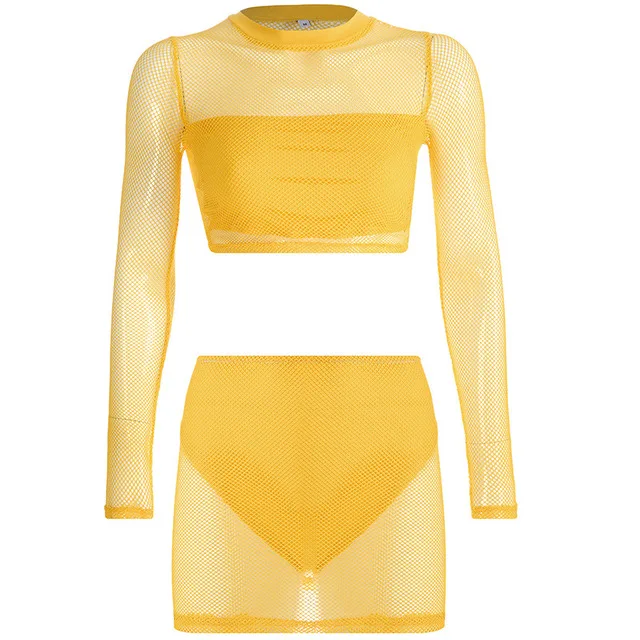 Сексуальный женский комплект из двух предметов неоновый желтый сетчатый костюм