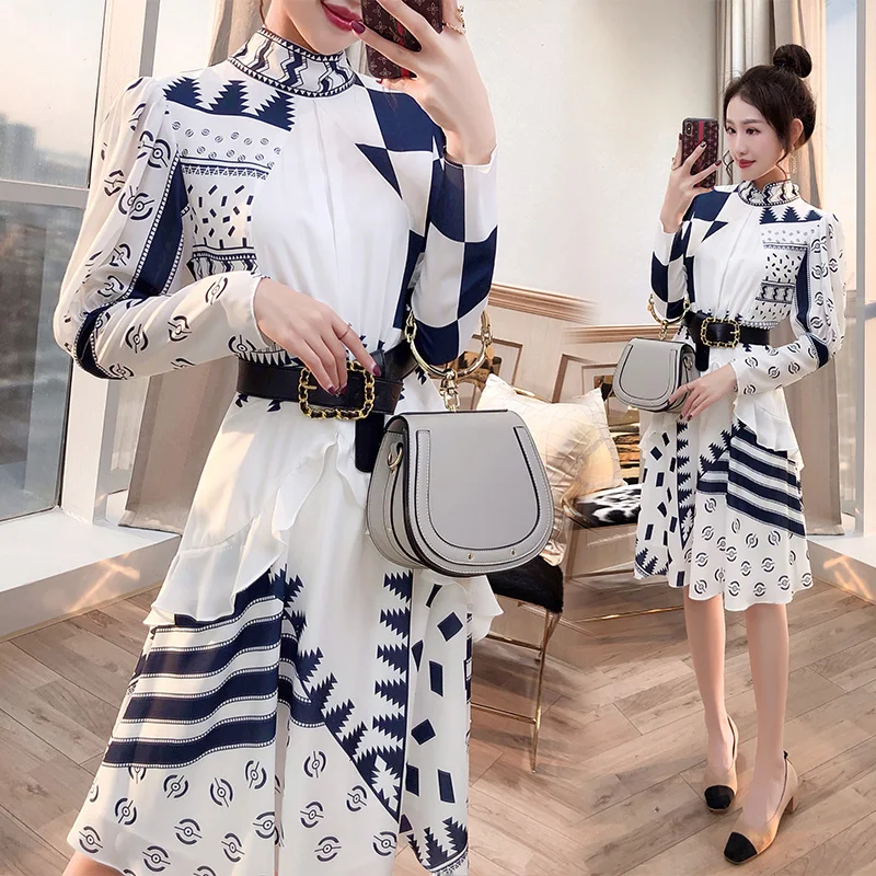 Женское платье в стиле пэчворк с поясом элегантное принтом вечернее воротником