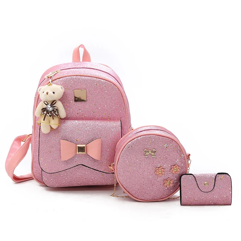 Pink HANEROU 3 шт./компл. Дамские туфли из pu искусственной кожи женские школьные сумки для девочек подростков с бантами и рисунком прочный каркасный рюкзак сумка кошелек для карточек с блестками и сумки - Цвет: Pink