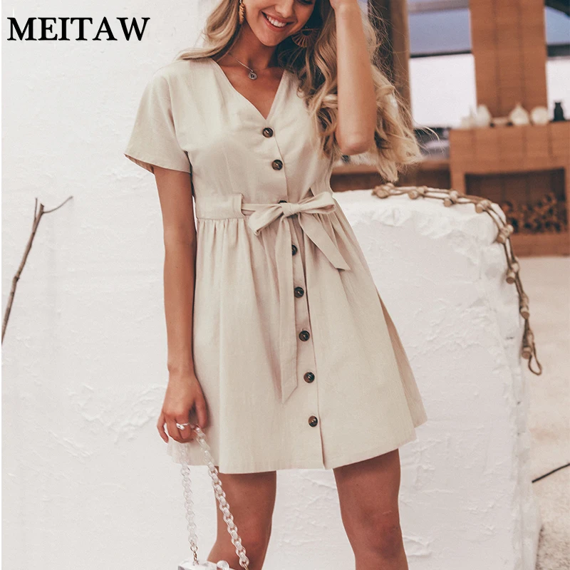 Летнее женское пляжное платье 2019 Винтажное с коротким рукавом хлопковое льняное