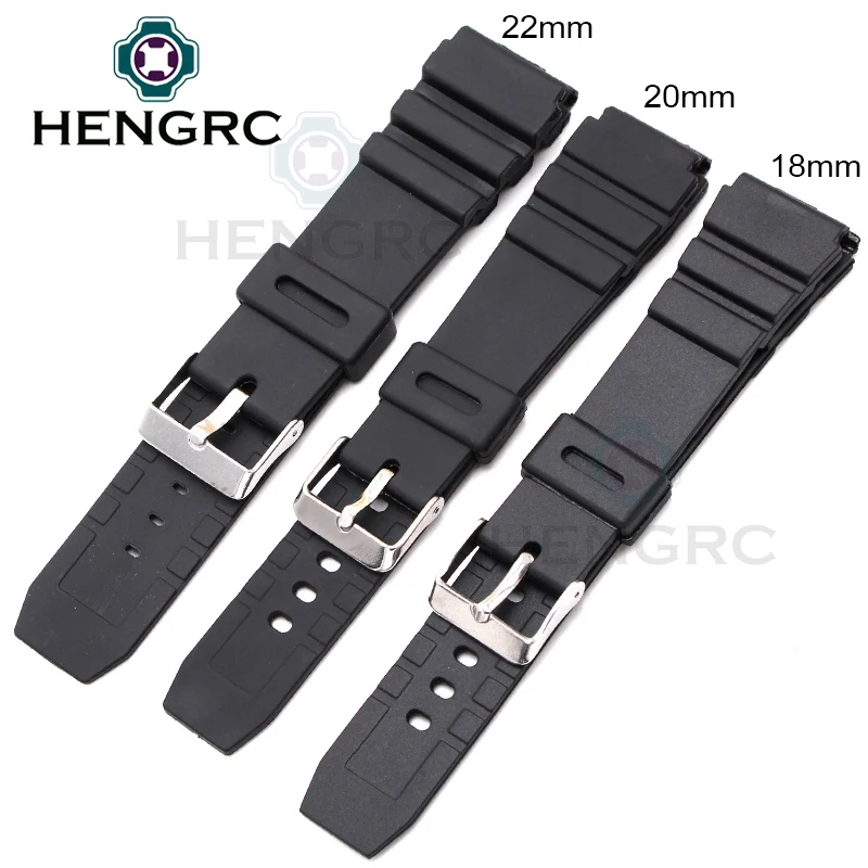 Silicone Watchbands 18 20 22mm Men Black Sports Diving Rubber Watch Strap Silver Stainless Steel Buckle For Casio