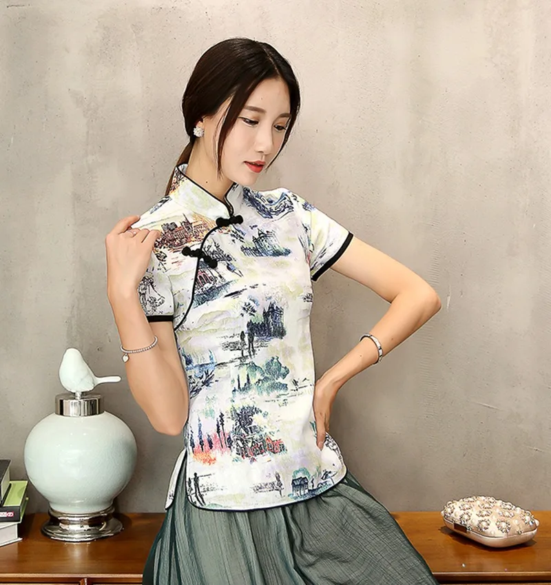Шанхай история Мандарин воротник женская Qipao рубашка Китайский Топ короткий рукав cheongsam Топ Традиционный китайский льняная блузка