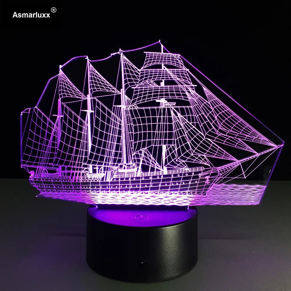Парусная лодка корабль 3D светильник 7 Цвета изменить иллюзия Лампа для дома кафе