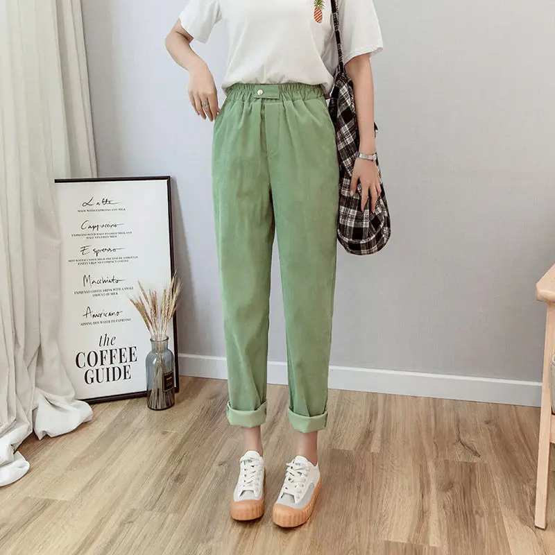 Green Vangull, женские вельветовые штаны-шаровары, одноцветные, с высокой посадкой, свободные, повседневные, по щиколотку, брюки, Осенние, новые, с эластичной талией, Корейская версия штанов - Цвет: Green