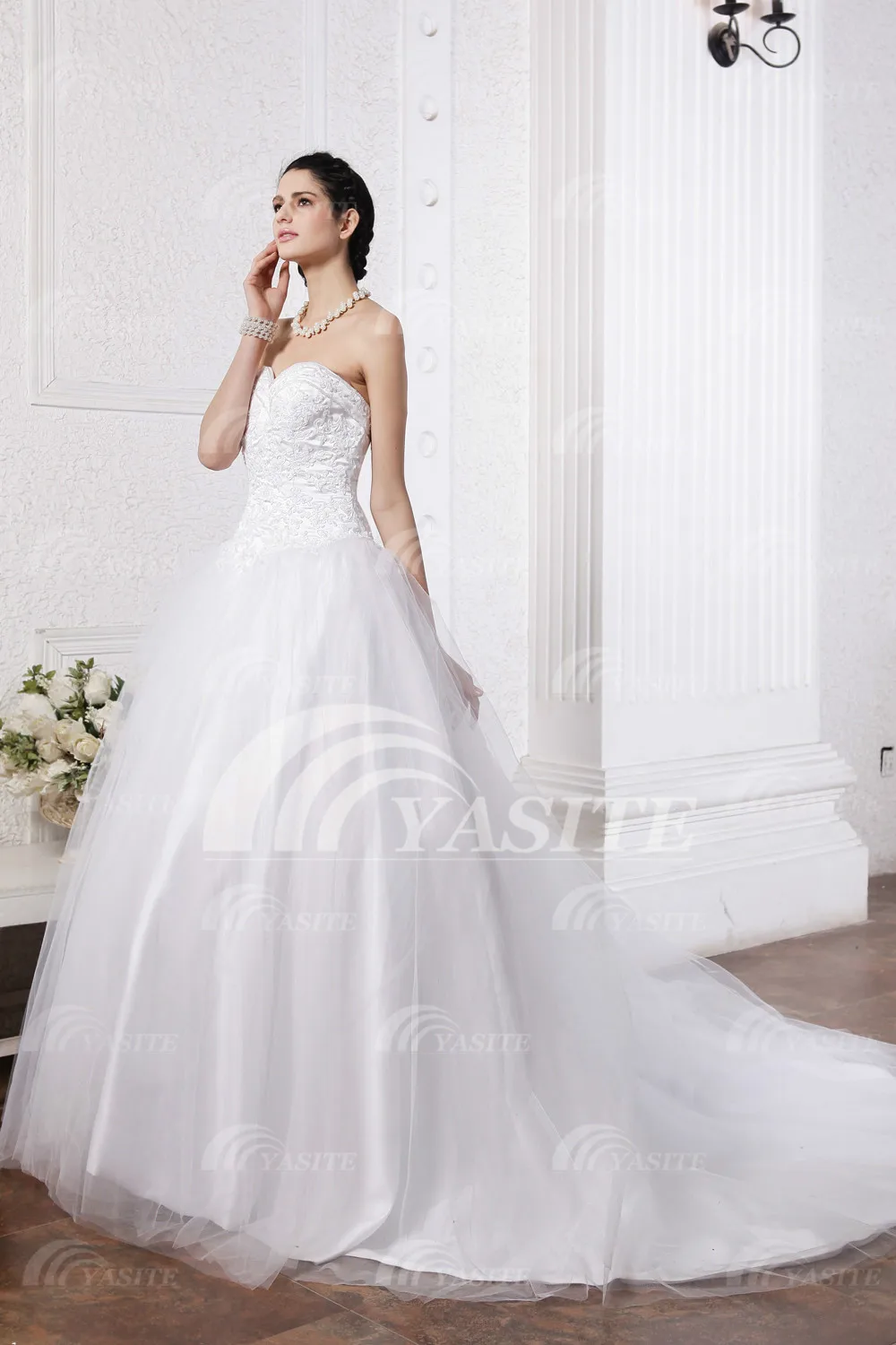 2014 in stock retro noble bridal A-line sweetheart wedding dress appliques floor length white organza zipper dresses | Свадьбы и